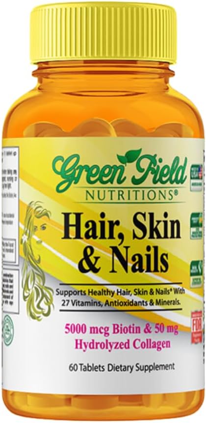 Greenfield Nutritions halal Biotin Comprimé pour adulte - 60 halal multivitamine pour peau de cheveux et ongles - haute puissance 5000mcg Biotine avec 50mg de collagène et minéraux - Sans gluten gélatine, vitamine non-OGM