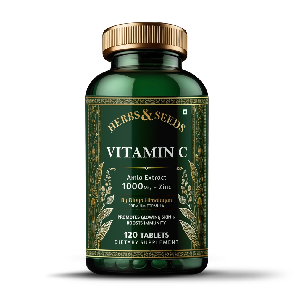 HERBS & SEEDS Vitamin C Supplement with Zinc – 1000mg Plant-Based Tablets for Immunity & Skin Glow – Amla, Spirulina, Wheatgrass – 120 Count