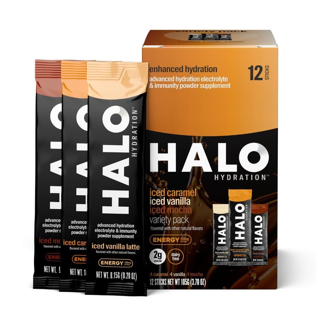 HALO Hydration – Elektrolyt Energy Drink Mix | Hydration Powder Packets | Variety Pack (Caramel, Vanilla, Mocha Lattes), Gesunde Hautny Coffee | Einfache offene Single Servier Stick | 12 Sticks