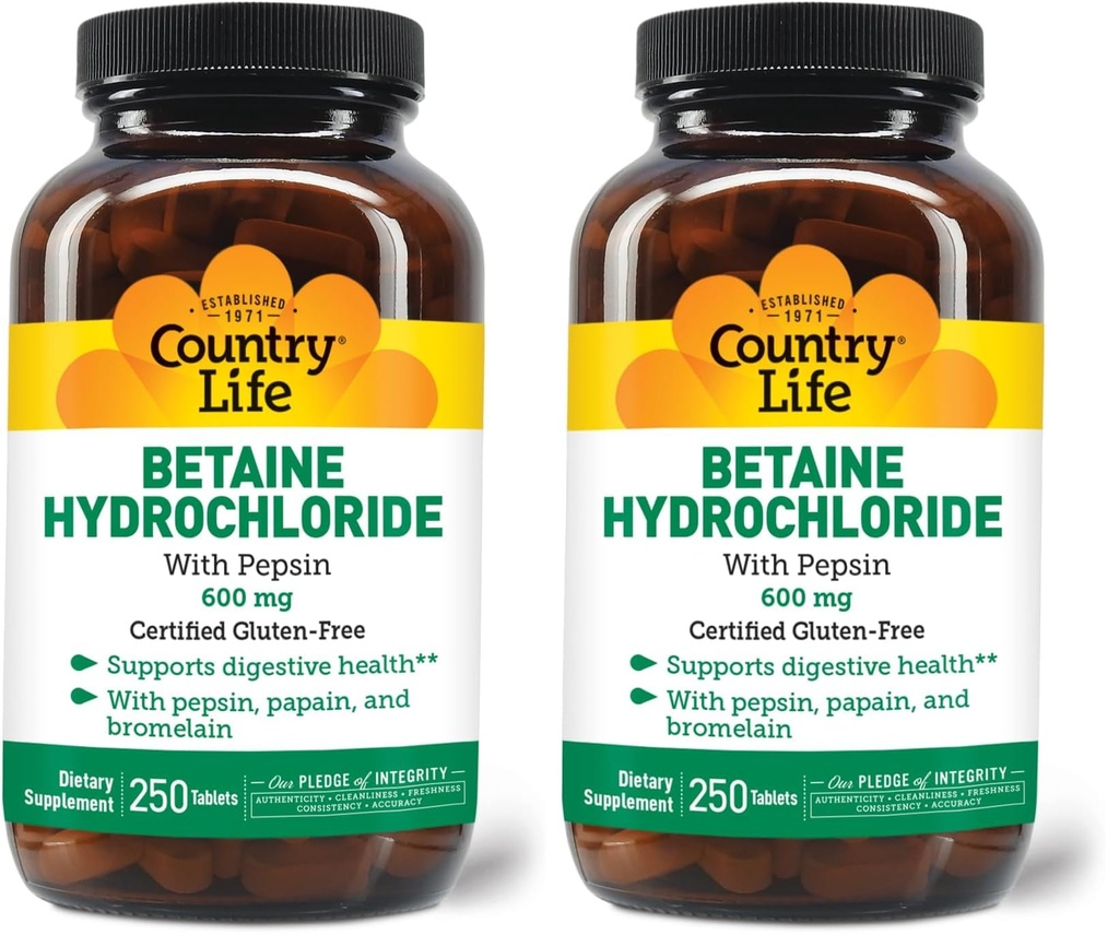 Country Life Betaine Hydrochloride with Pepsin 600 mg - 250 Tablets (Pack of 2)