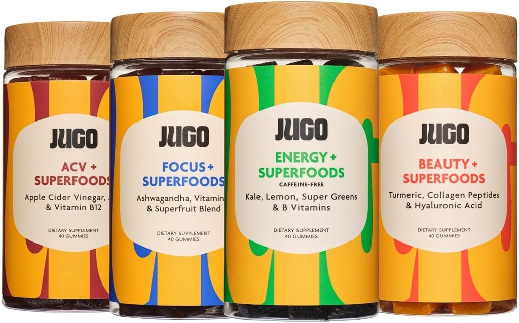 JUGO Superfoods Gummies Variety Pack – Fokus, Energie, Schönheit & ACV Gummis – Pflanzenbasierte, 100% vegetarisch, Glutenfrei – Unterstützt Geist, Körper & Verdauungsmedizin
