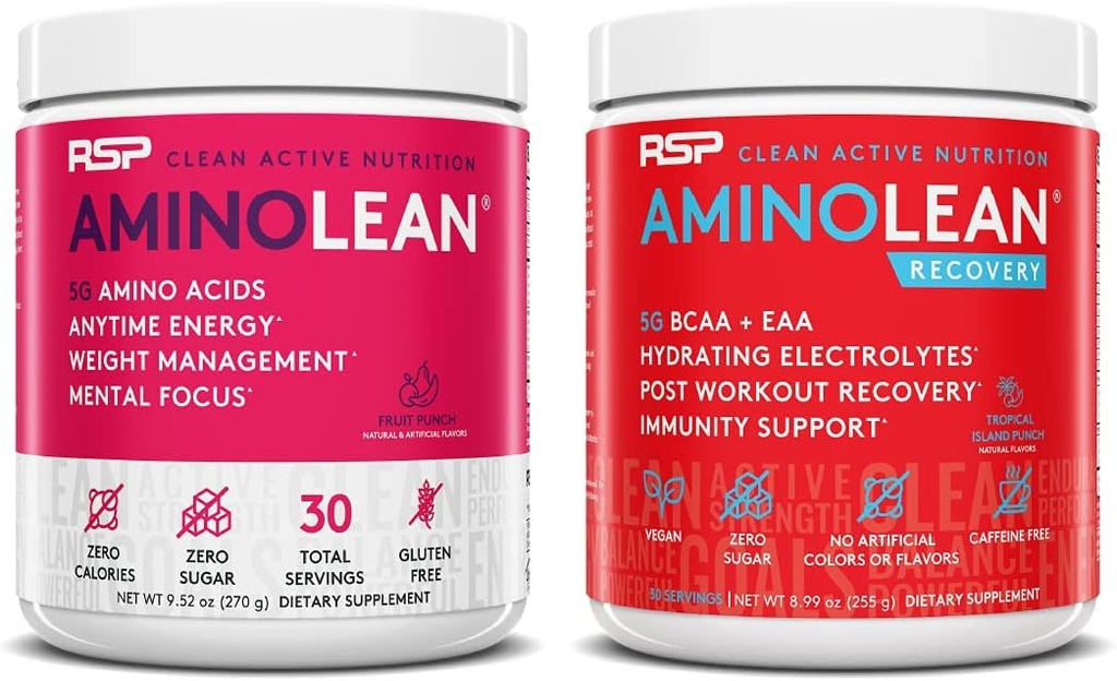 RSP NUTRITION AminoLean Pre Workout Energy (Fruit Punch 30 Serve) con AminoLean Recovery Post Workout Boost (Tropical Island Punch 30 Servings)
