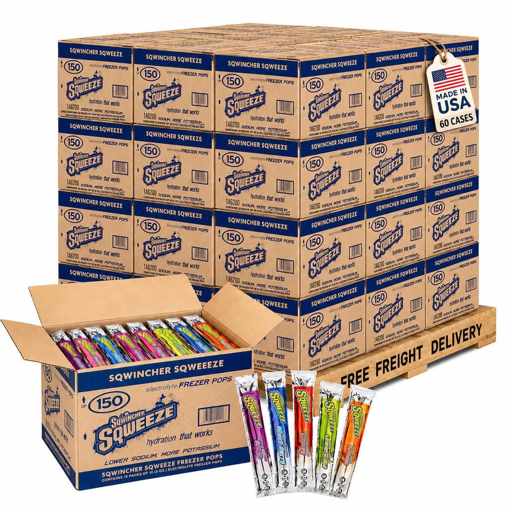 Electrolyte Freeze Pops Bulk Pallet – Sqweeze Electrolyte Ice Pops, Hydration Freeze Pops, Assorted Flavors, Heat Stress Relief for Workers, Athletes & Outdoor Events - 60 Cases of 150 (9,000 Pops)