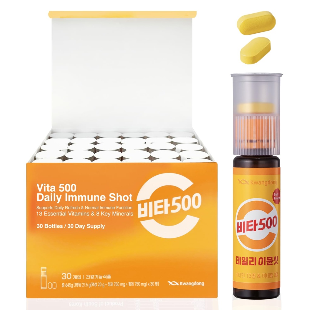 KWANGDONG Vita500 Daily Immune Support Shot - 13 Vitamins 8 Mineral Immunity Booster Supplement, Liquid Vitamin C Drink, Ready to Drink Energy Shot, Korean Vitamin Supplement, 0.75 Fl Oz (30 Bottles)