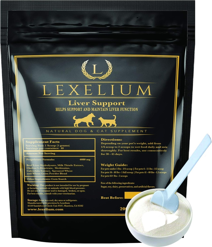 Supplément de soutien du foie pour les chiens et les chats - Idéal pour désintoxication et aide le rein, le foie et la peau - Soutien du foie des chats - Thistle de lait + Lysine + Bitartrate de Choline + méthionine – 200g