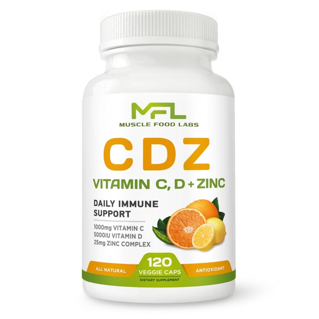 C D Z | Vitamin C, 1000mg | Vitamin D3, 125mcg | Zinc, 25mg | Non-GMO & Gluten Free | 120 Vegetarian Capsules | 120 Servings