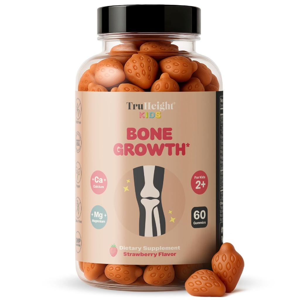 TruHeight Kids Bone Growth Gummies (Strawberry, Alter 2+) Alle natürlichen Kinder & Kleinkind Vitamine - Vitamin D, Calcium, K2, Magnesium Multivitamin - Natürliches Wachstum & Entwicklung, baut starke Knochen, Vegan