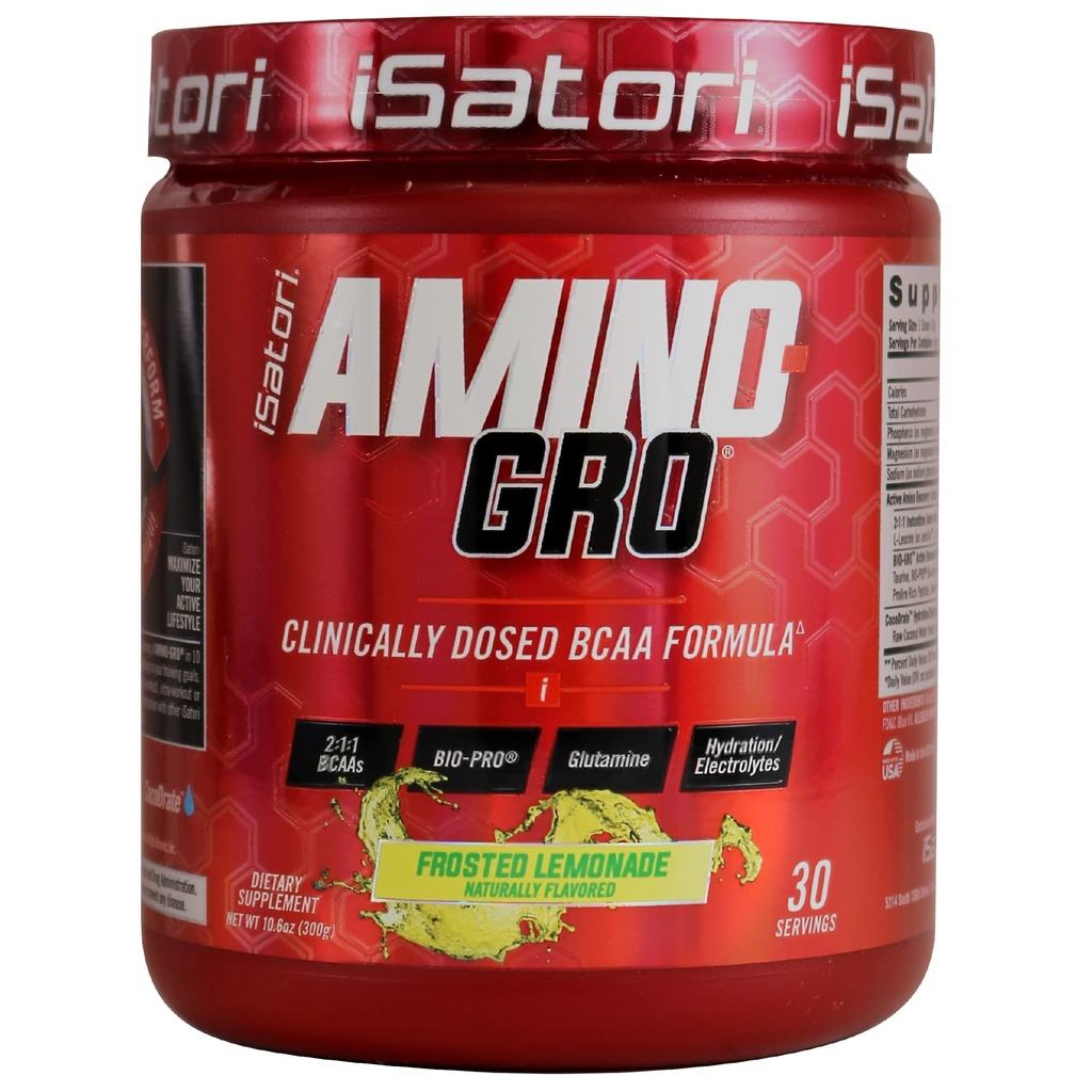 iSatori Amino-GRO BCAA Powder, Verzweigte Kettenaminosäuren mit Glutamin, Elektrolytpulver & Bio-GRO Bio-Aktive Peptide für Muskelwachstum & Post Workout Erholung, Frosted Lemonade (30 Servings)