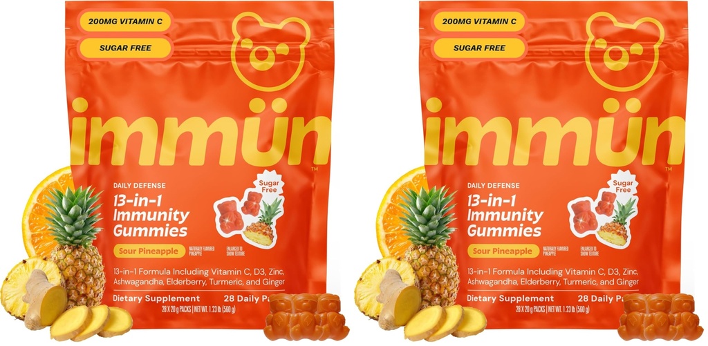 Grüns Immun Sugar Free Immunity Gummies with Vitamin C, Zinc, MCT Oil, & Turmeric - Daily Immune Support Supplement for Adults - Sour Pineapple Flavor (28 Count) (Pack of 2)