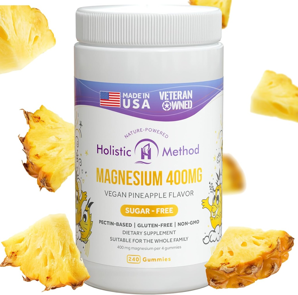 Gummies de citrate de magnésium - Sans sucre, végétalien et non-OGM pour mieux dormir et se détendre - Pas d'alcool sucré - Supplément de magnésium pour adultes, adolescents et enfants - Ananas - 240 Chews
