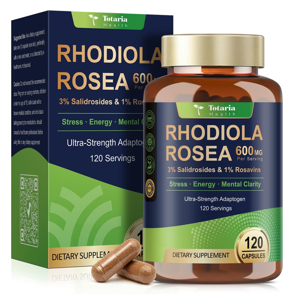 Totaria Rhodiola Rosea Supplement 600mg, 4 Month Supply, 3% Salidrosides 1% Rosavins, Vegan Golden Root Adaptogen Capsules, Rhodiola Rosea Extract Powder, for Stress, Mental Focus, Energy, 120 Counts