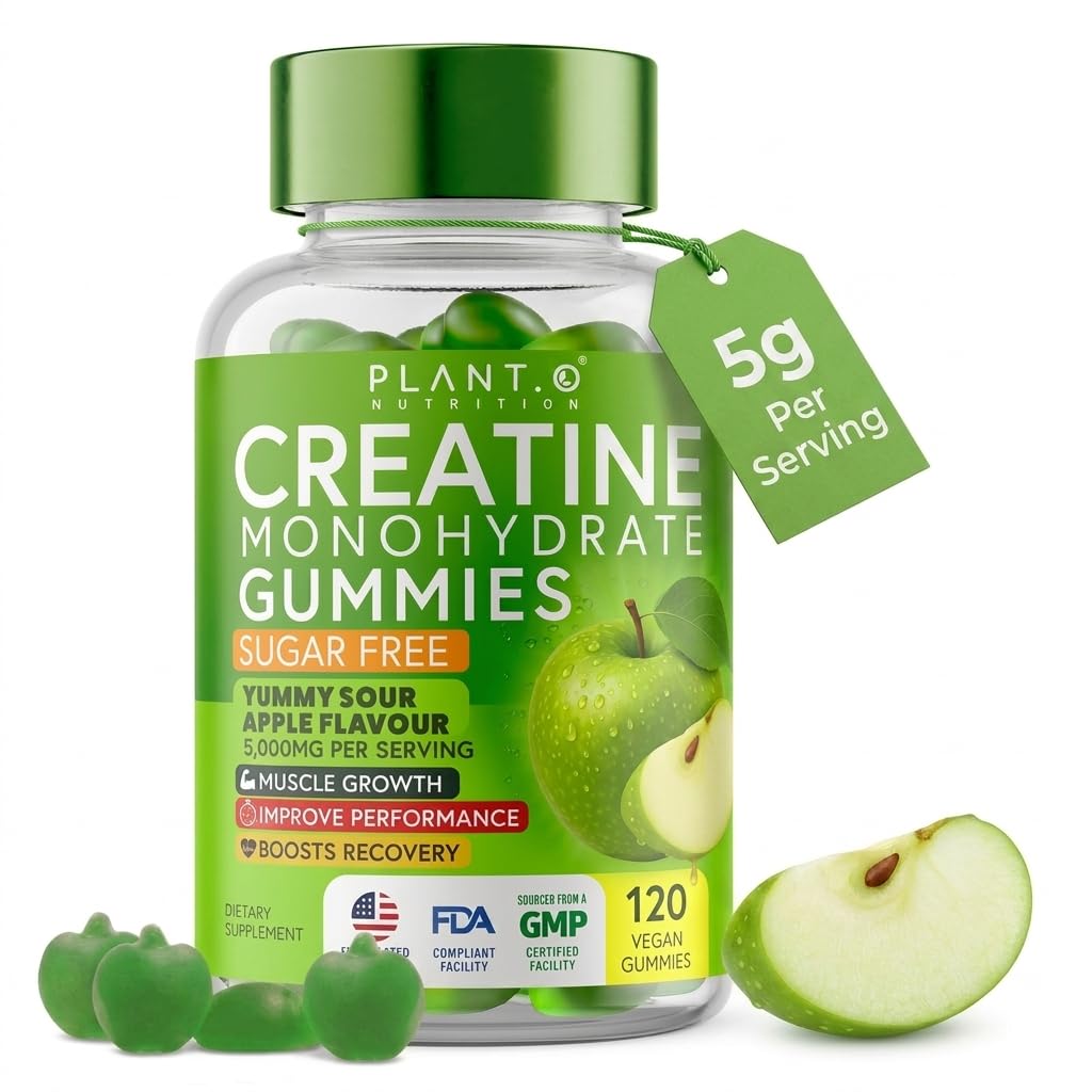 Creatine Monohydrate Gummies Sugar Free – 5000mg (5g) Per Serving (4 Gummies), 120 Count – Crisp Sour Green Apple Flavor – No Mixing – Vegan Creatine Gummies for Men & Women, Non-GMO, Gluten Free
