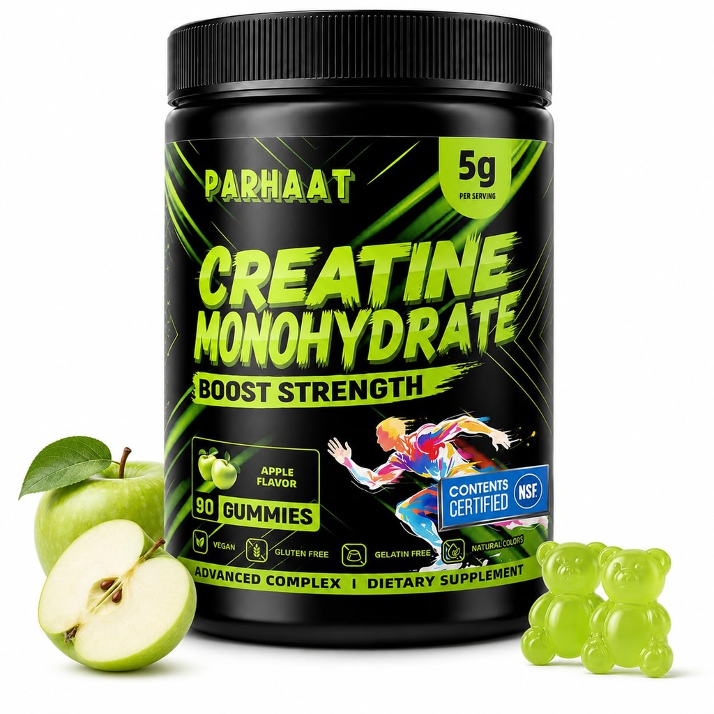 NSF Certified Creatine Gummy - Creatine Monohydrate Gummies 5g for Men & Women - Boost Focus,Strength, and Endurance, Vegan, Gluten-Free, Non-GMO, 2.5 Gram Creatine per Gummy (Apple 90 ct)