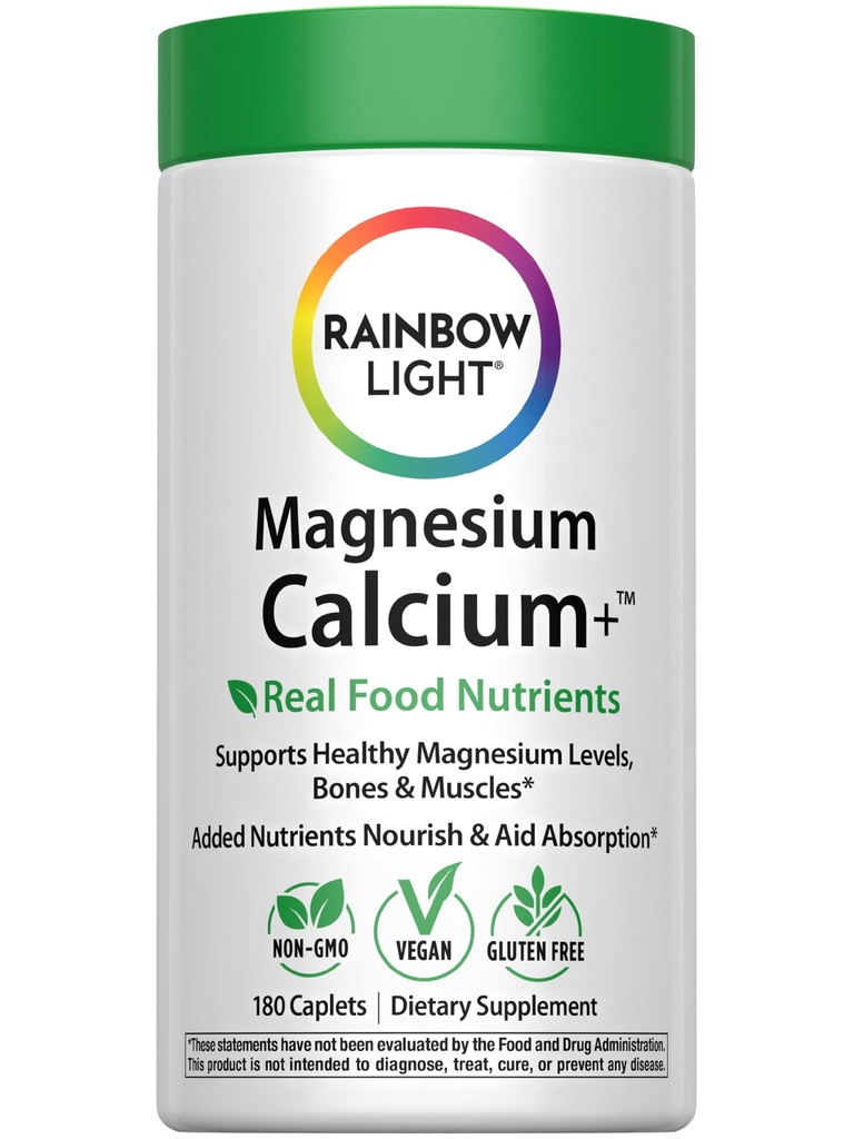 Rainbow Light Magnesium Calcium + Supplement | 180 Tablets | Real Food Nutrients & Digestive Complex | Supports Healthy Magnesium Levels, Bones & Muscles