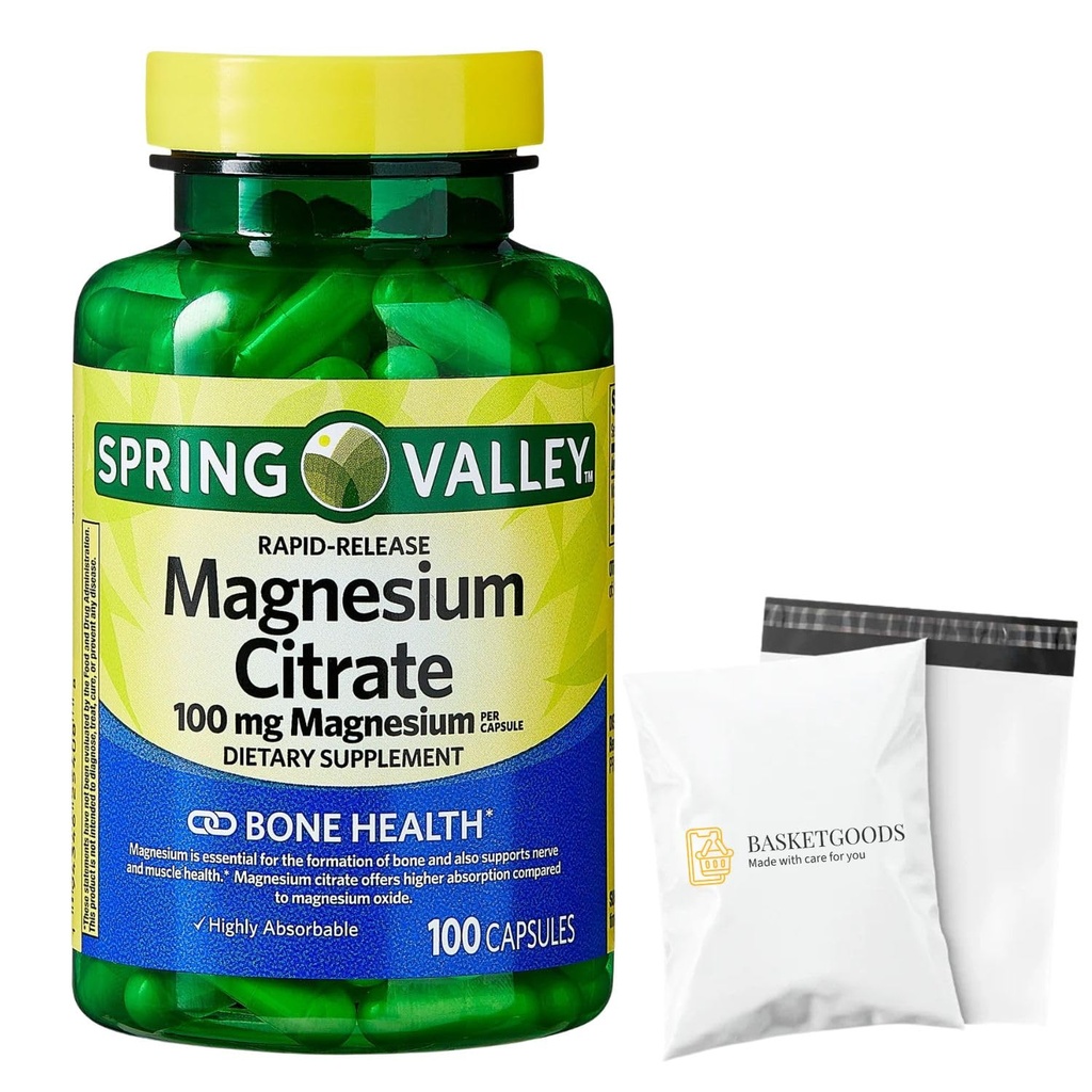 Spring Valley Magnesium Citrate | Citrato de Magnesio 100mg Capsules | Best Magnesium Supplement for Women | Magnesium Pill | 100 mg, 100 Capsules - Set by Basket Goods