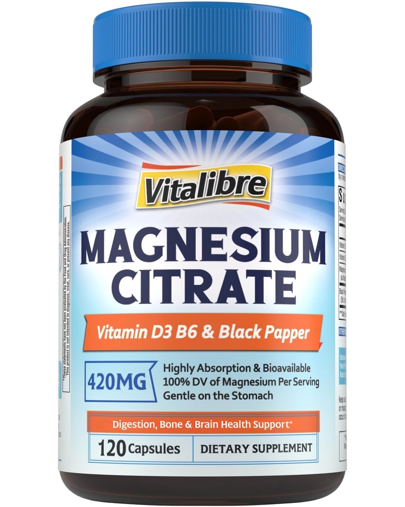 Vitalibre Magnesium Citrate Supplement with Vitamins D3 & B6, 420 mg Elemental citrato de magnesio, Bone Support, Relaxed Brain, Nerves, Enhanced Absorption with Black Pepper, 120 Capsules, Non-GMO