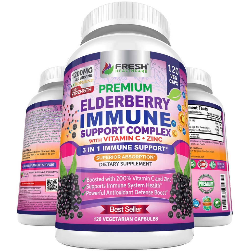FRESH HEALTHCARE Capsules de baies aînées - baies aînées noires à haute puissance avec zinc et vitamine C - crème 3-en-1 immunosupport de vitamines pour adultes
