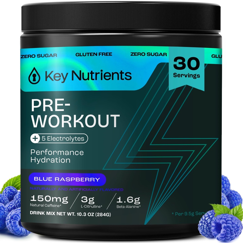 KEY NUTRIENTS Pre Workout Powder with 5 Electrolytes - Blue Raspberry No Sugar - 150mg Caffeine, L-Citrulline, Beta Alanine, L-Tyrosine - Natural Preworkout for Men & Women (30 Servings)