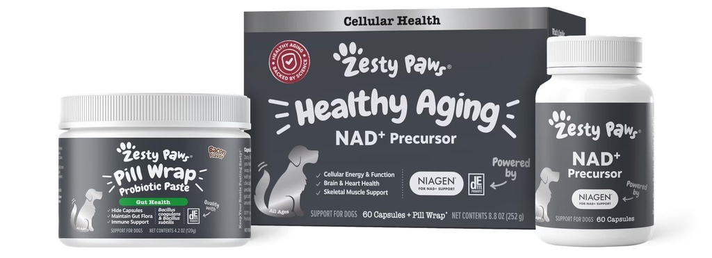 Zesty Paws NAD+ Precursor Ergänzung für Hunde - Niagen für gesunde Aging & Skelett Muskelunterstützung & Erholung - Gehirn, Herz, & Cellular Energy Support - Nicotinamid Riboside Chloride - 60 Kapseln