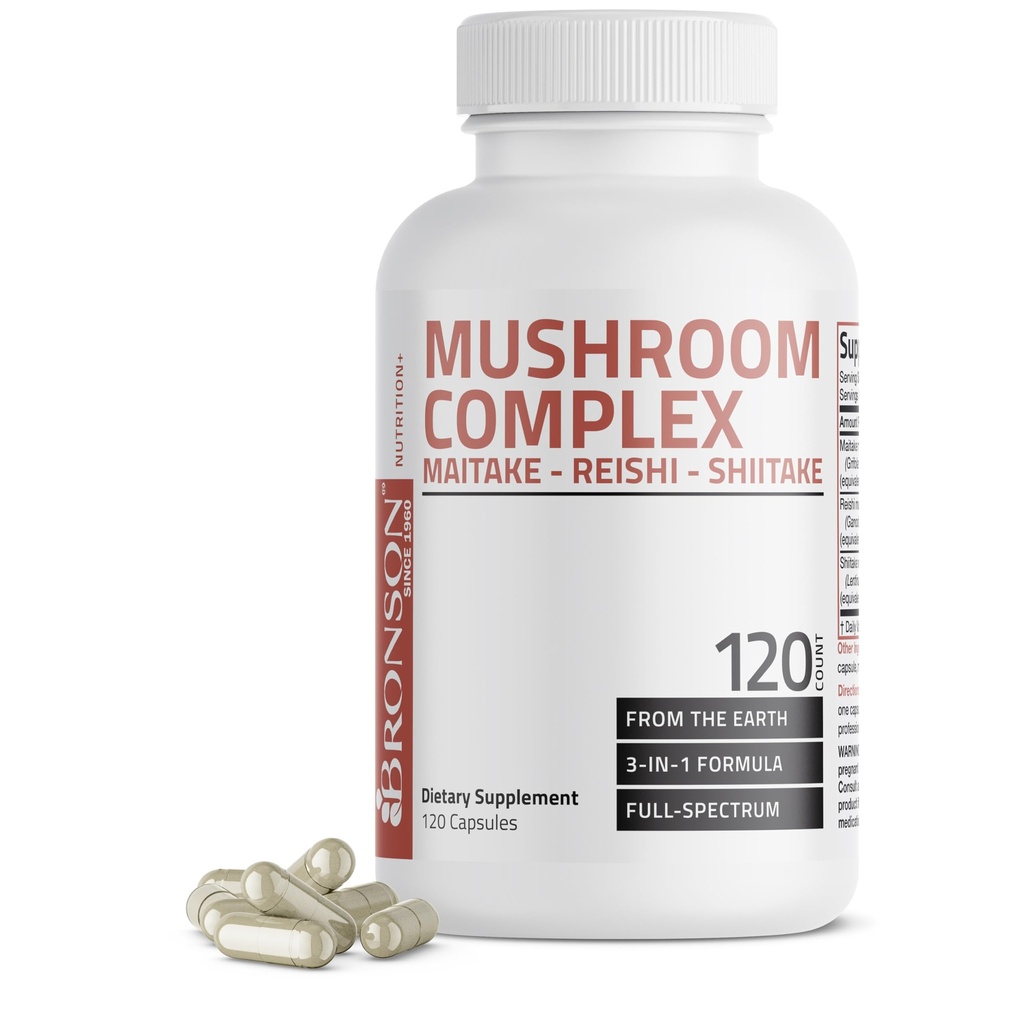 Bronson Triple Mushroom Complex - Maitake - Reishi - Shiitake - Puissant antioxydant et système immunitaire Booster - Complexe de champignons plein spectre - 600 mg Capsules - 120 Compte