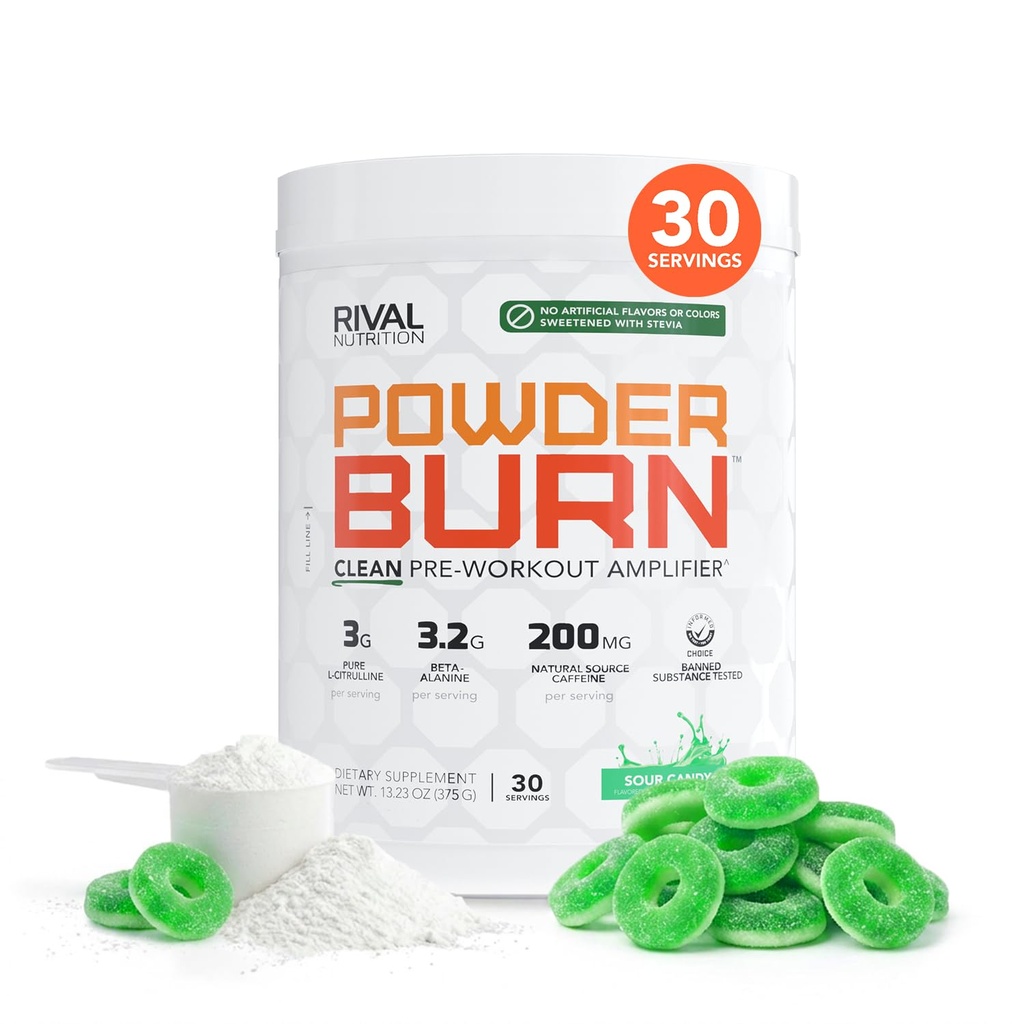 RIVAL NUTRITION Powder Burn Pre-Workout Energy Powder for Men and Women I Sour Candy, 30 Servings | Clean Ingredients I 3g L-Citrulline, 3.2g Beta-Alanine and 200mg Natural Caffeine Per Serving