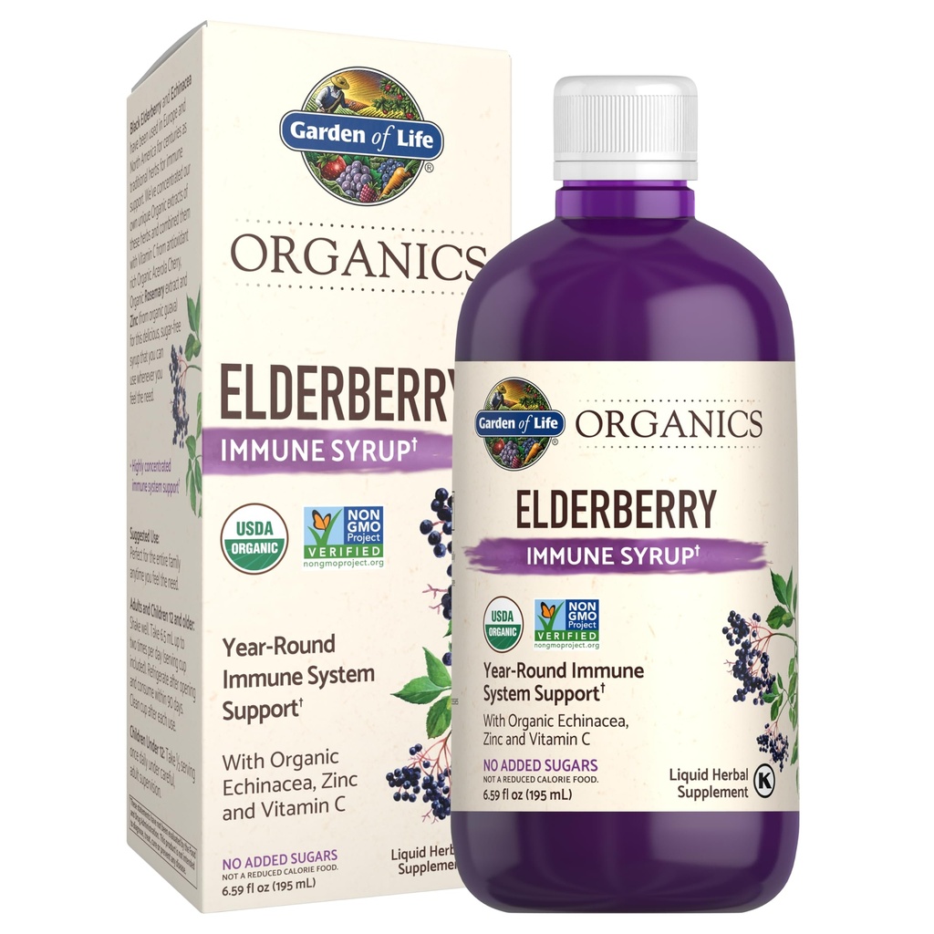 Garten des Lebens Bio-Pflanzen basierte Elderbeeren-Impfstoff Sirup 6.59 Flakon (195 mL) für Kinder & Erwachsene - Sambucus, Echinacea, Zink & Vitamin C, 0g Zucker, Bio Vegan Gluten Kostenlose Kräuterergänzung