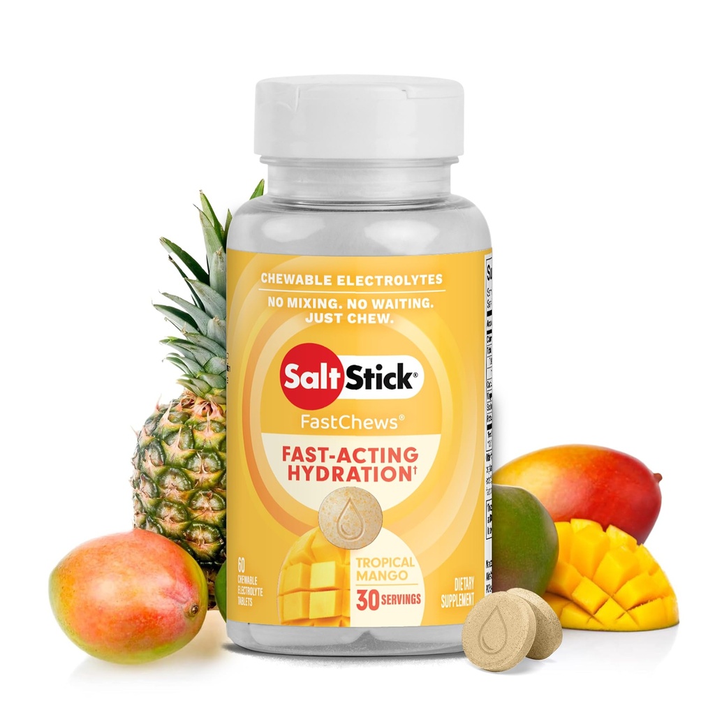 SaltStick Electrolyte FastChews - 60 Tropical Mango Chewable Electrolytes - Compresse di sale per l'esecuzione e l'idratazione, Electrolyte Chews - 60 Conte
