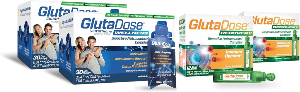 GlutaDose Ultimate Immune Boost & Daily Detox Bundle, Cold & Flu Recovery, Immune & Energy Support, Glutathione, Astragalus, Echinacea, Acerola (1.000 mg di miscela), Selenio, Zinco, Integratori Liquidi