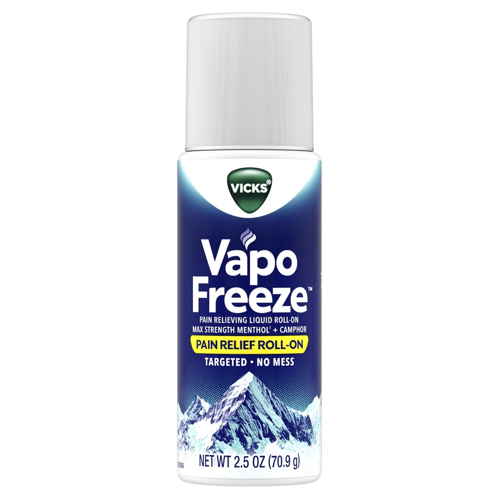 Vicks VapoFreeze Menthol Camphor Pain Relief Roll On 2.5oz, Max Strength Menthol, Pain Relief for Muscles & Joints, Backaches, Strains, Sprains, Bruises, Vicks Vapors, Penetrating Pain Relief