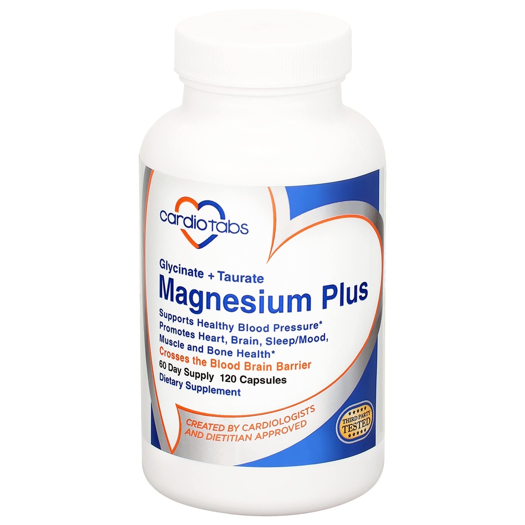 Magnesium Plus – 200 mg Magnesium Glycinat und Magnesium Taurate für Blutdruck, Herz, Gehirn, Schlaf &amp; Stimmung Unterstützung – hochkonzentriert und gut absorbiert - 120 Kapseln