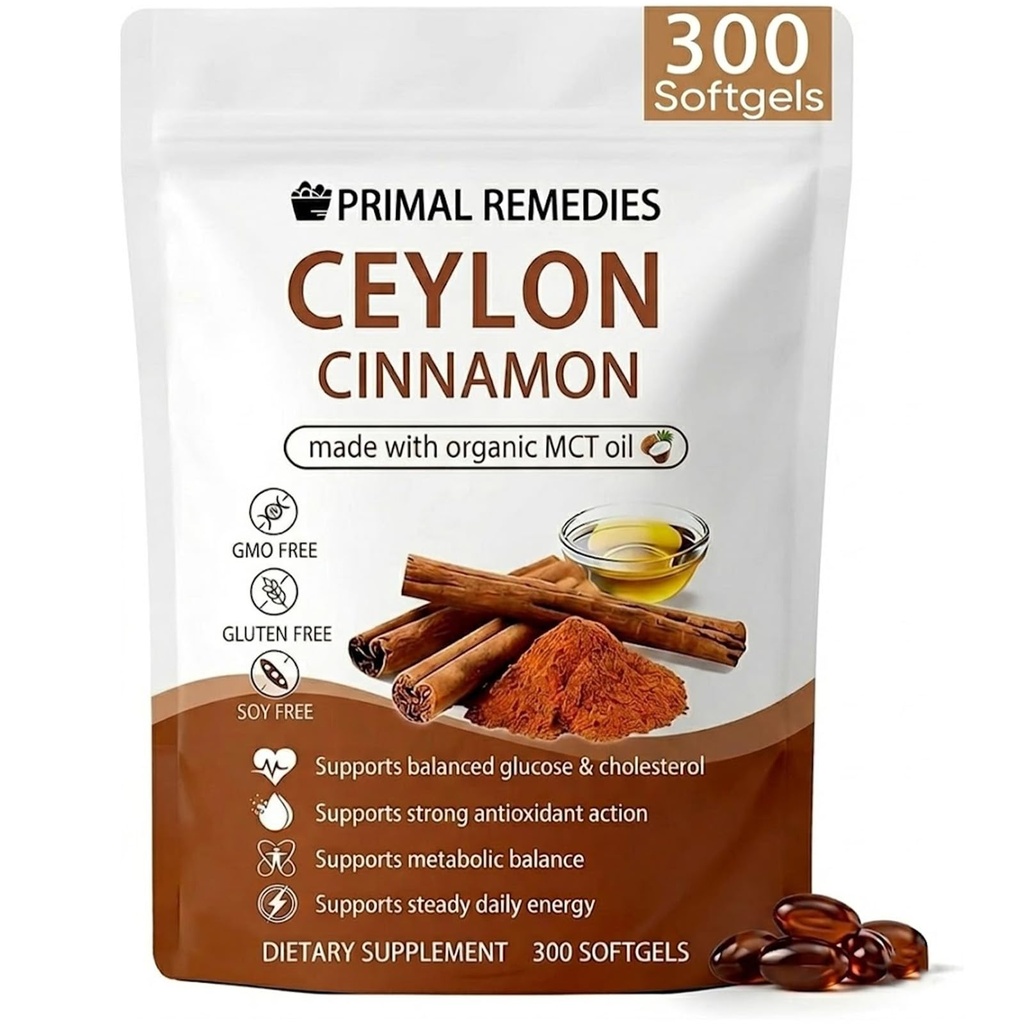 Primal Remedies Ceylon Cinnamon Capsules with MCT Oil, Non-GMO Ingredients, Gluten & Soy Free, Vegan Friendly, 300 Capsules