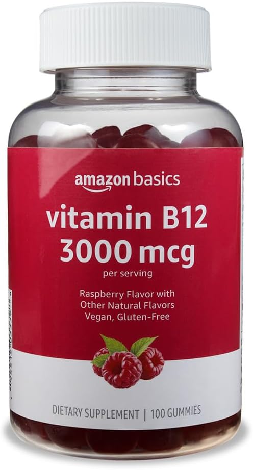 Bases Vitamine B12 3000 mcg Gommies, Production d'énergie normale et métabolisme, Support du système immunitaire, Framboise, 200 Compte (2 boîtes de 100), 2 par portion