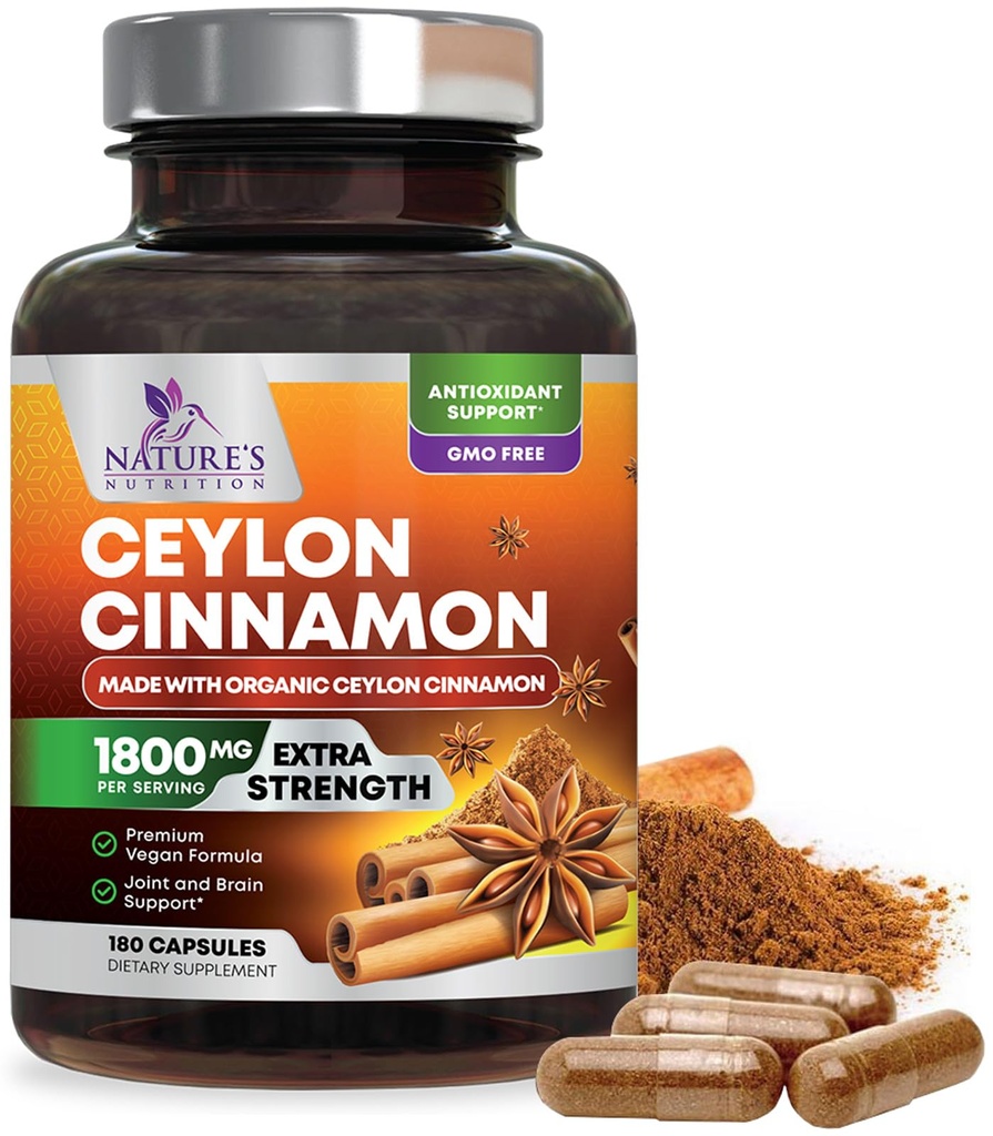Integratore di cannella di Ceylon organico 1800mg - Pillole di polvere di cannella di Ceylon organico certificate - Supporto di energia e cuore per le donne e gli uomini, in bottiglia negli Stati Uniti, antiossidante, senza glutine, non OGM - 180 capsule