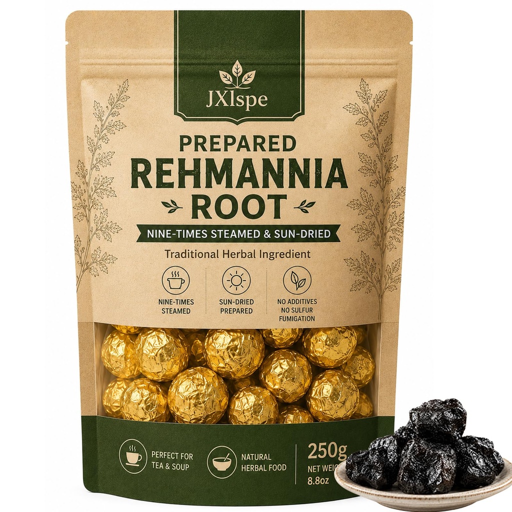 Premium Nine-Times Steamed & Sun-Dried Prepared Rehmannia Root, Carefully Selected Rehmannia Root, No Additives & No Sulfur Fumigation, Traditionally Crafted & Immunit𝙮 Support, 250g/8.8oz (1 bags)