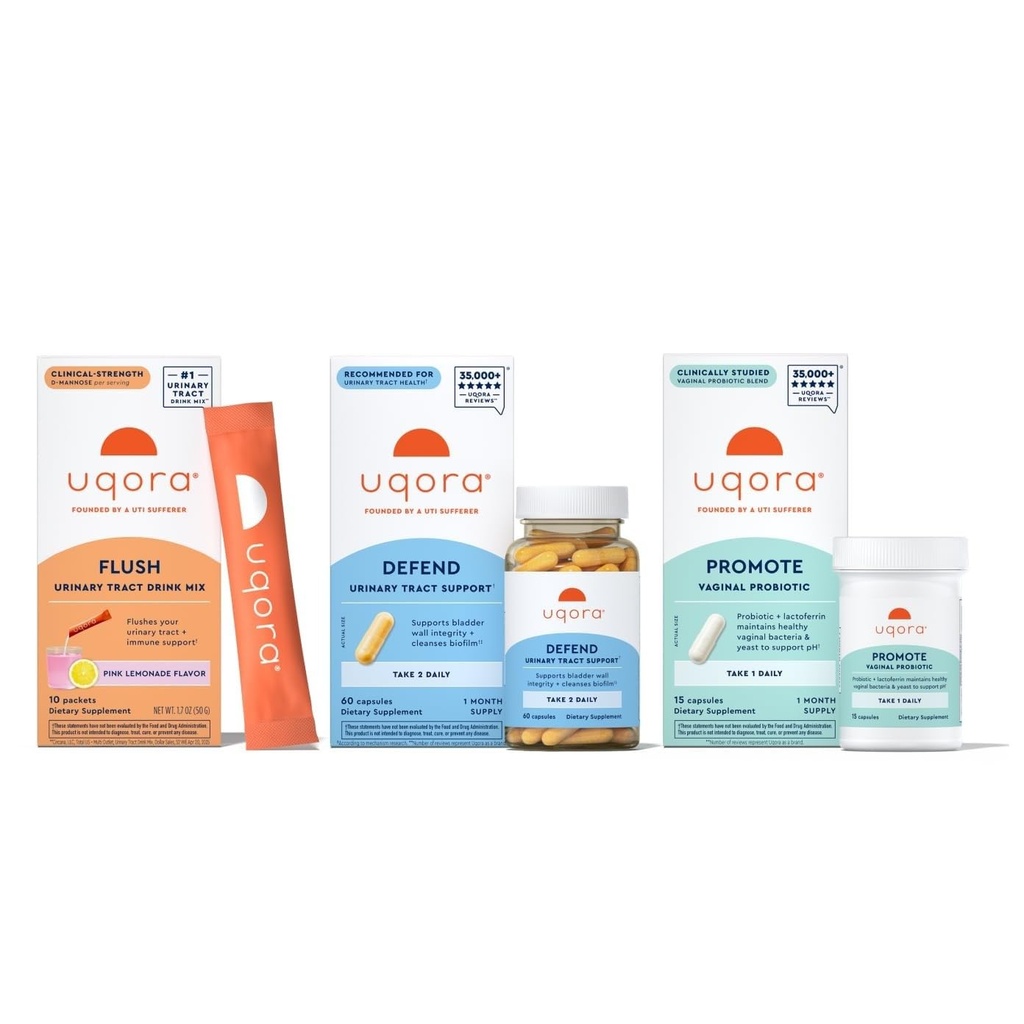Uqora Regime completo con Flush, Difendere & Promuovere - Supporto del tratto urinario con D-Mannose, Vitamina C, Estratto di tè verde, Probiotici & More - Supporto completo per la salute della vescica* - 3Part Bundle