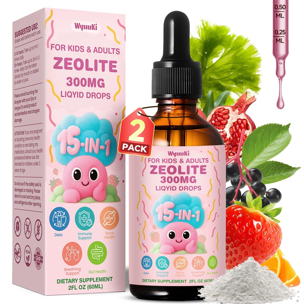 Zeolite Drops 2 Pack Detox for Kids & Adults - 300mg Clinoptilolite, 1000mcg Vitamin B12 C D3, 10 Billion CFU Prebiotics, Seaweed Calcium - Pure Body Cleanse Heavy Metal Gut Energy Bones Immune 90ml