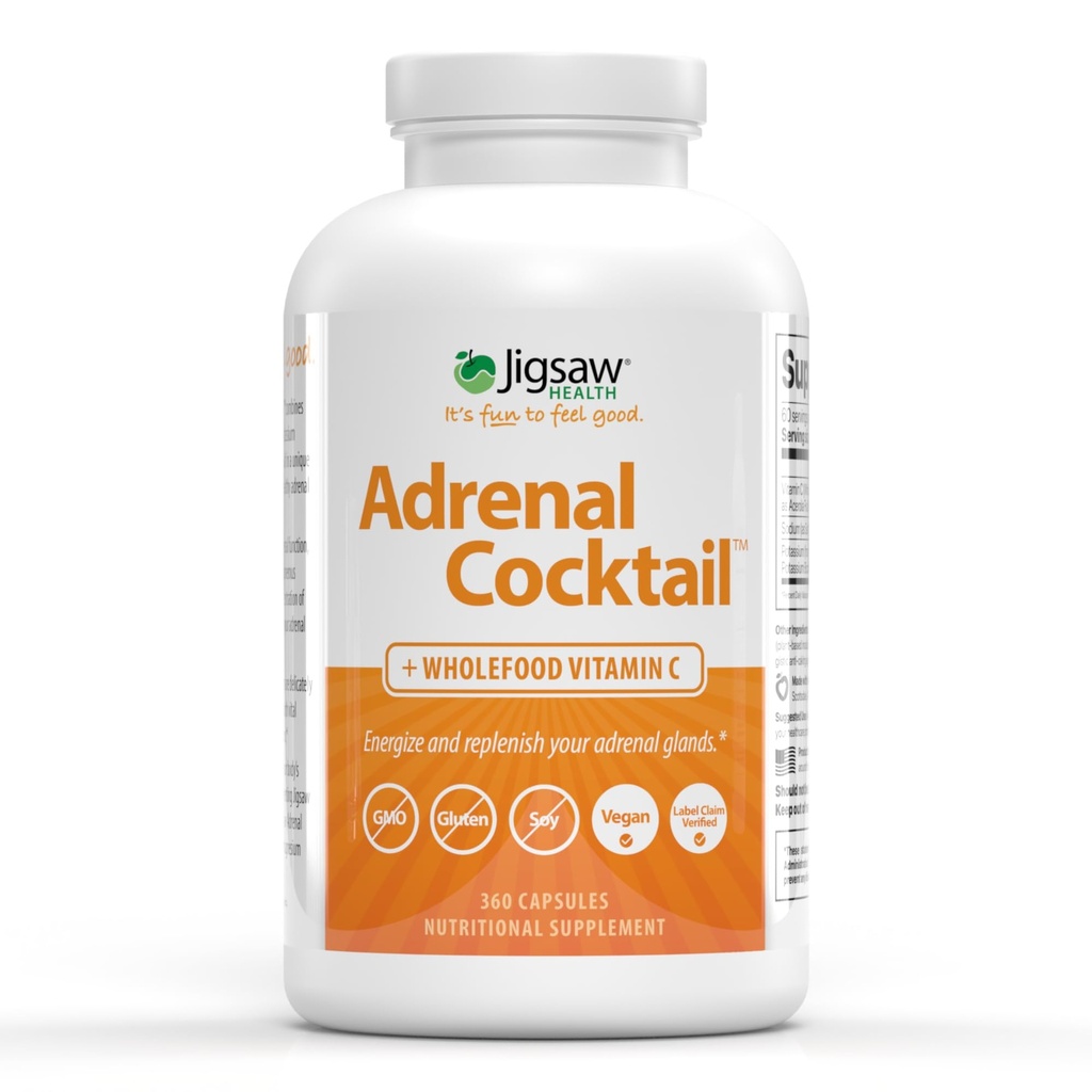 Jigsaw Health Cocktail adrénal + Vitamine C dans les aliments entiers avec du bicarbonate de potassium, sel de mer et extrait de cerise d'acérola 360 Capsules