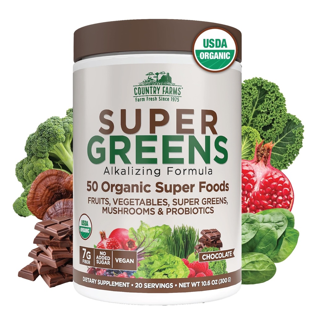 Country Farms Organic Super Greens Chocolate Flavor, 50 Organic Super Foods, USDA Organic Drink Mix, Confezionato con Fibra, Frutta, Verdura, Funghi e Probiotici, Supporti Energia, Fibra 7g