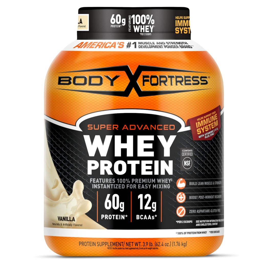 Fortezza corpo Super Advanced Whey Protein Powder, Vanilla, Supporto immunitario (1), Vitamine C & D Plus Zinc, 3,9 lbs.