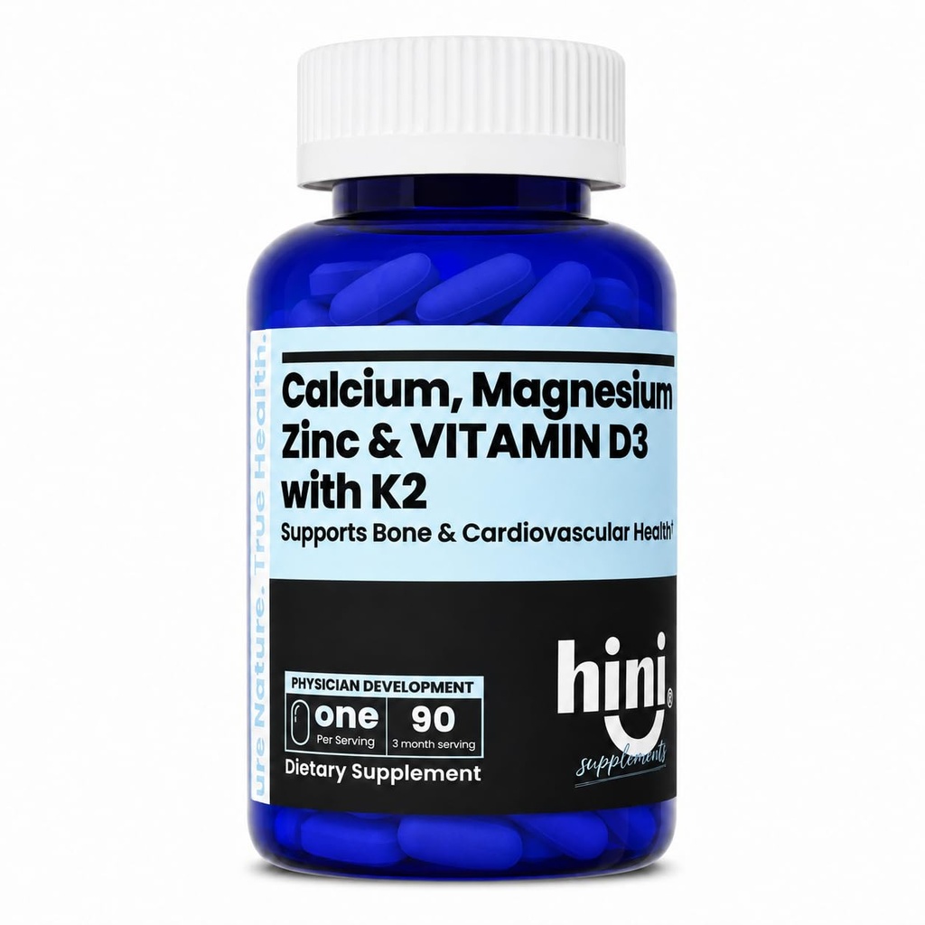 HINI Calcium Magnesium Zinc Supplement with Vitamin D3 & K2 MK-7, Bone Health Support Supplement, Calcium Complex with Magnesium, Zinc, Vitamin D3 and K2, One Per Serving, 90 Tablets