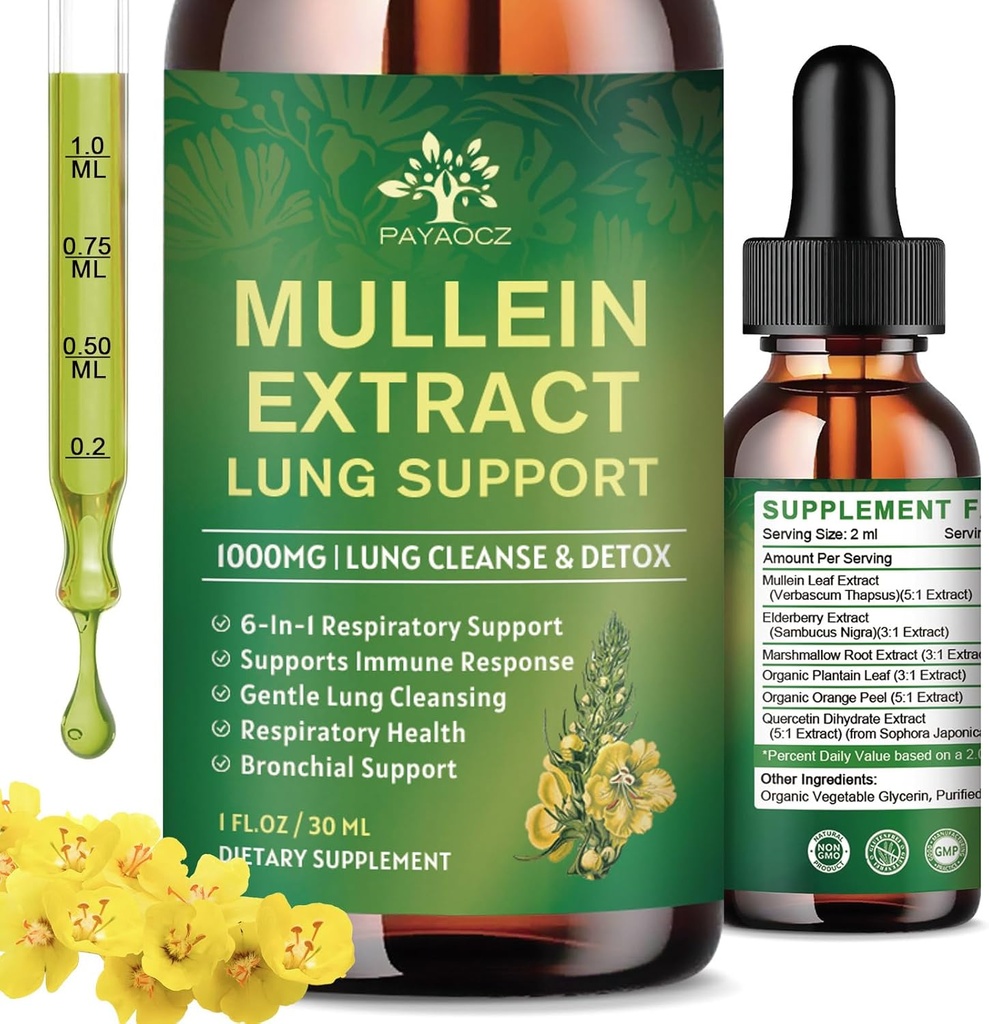 (2 Pack) 6 In 1 Mullein Tropfen für Lunge, Bio Mullein Blatt Extrakt Tinktur für Lunge, Detox Cleanse & Respirator für Atmungsgesundheit, Mullein Oil Supplement Immununterstützung, Vegan, 1 Fl Oz