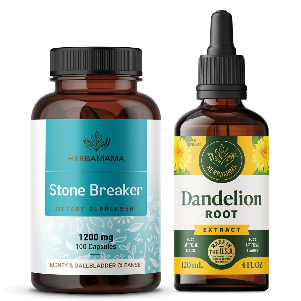 HERBAMAMA Stone Breaker and Dandelion Kit - Bundle of 1200mg Chanca Piedra Capsules & Dandelion Root Drops 4 Fl Oz - Vegan, Non-GMO, Sugar & Gelatin-Free - 2 Pack