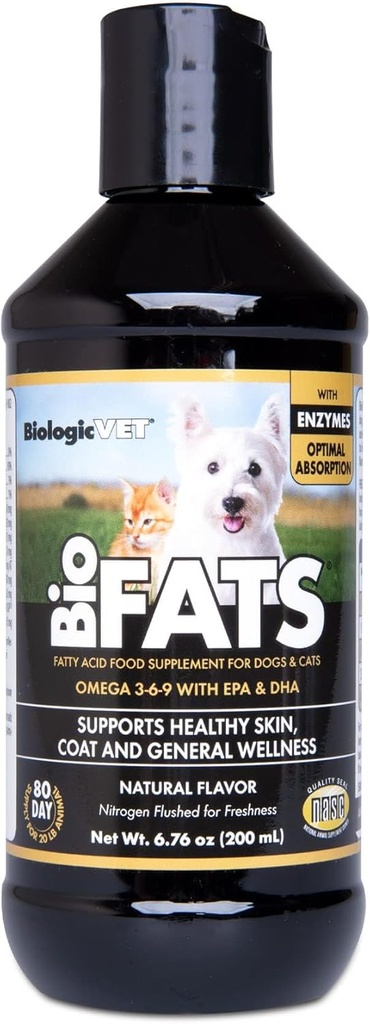 BioFATS BiologicVET - Contiene Omegas 3, 6 & 9 - con EPA, DHA & ALA - per Dog & Cat - Skin & Joint Health Support - Include Fish, Flaxseed & Olive Oil - 6.76 fl. oz.