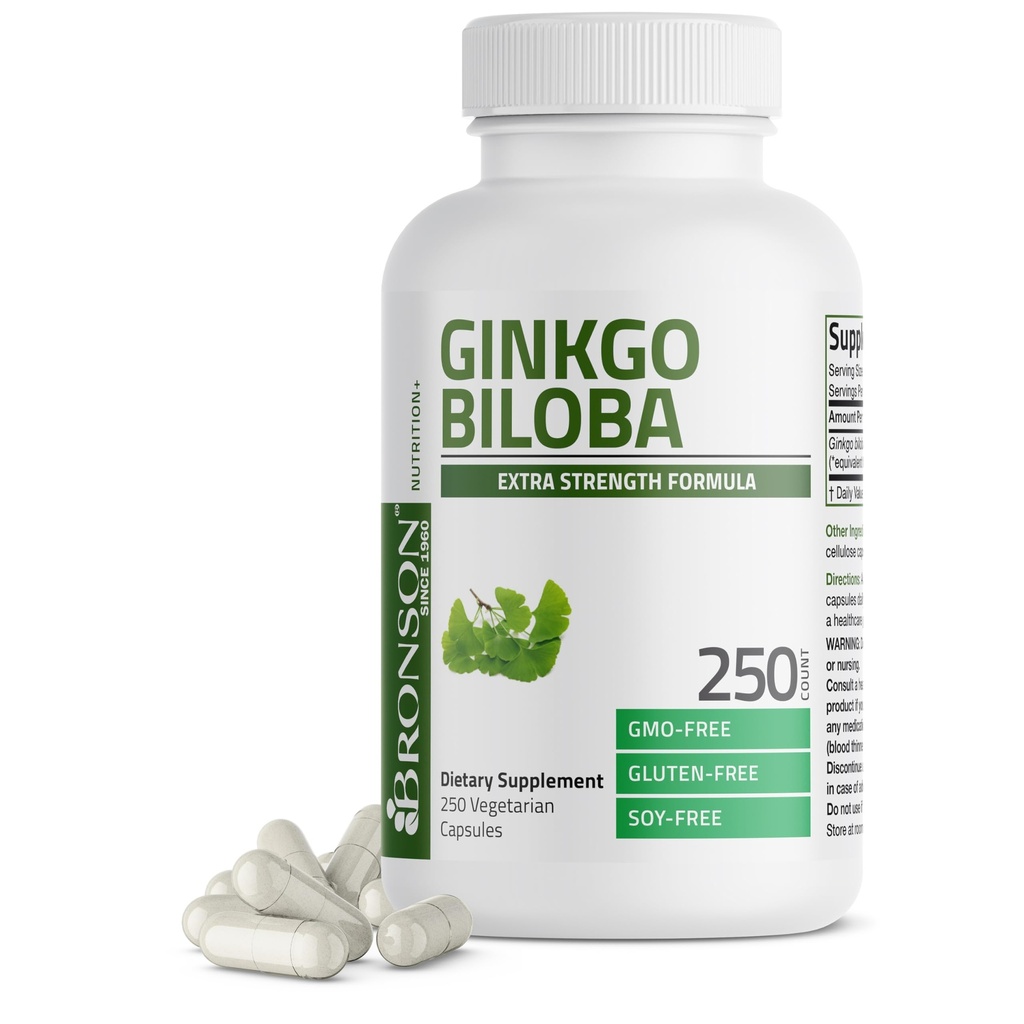 Bronson Ginkgo Biloba Extra Strength Supports Cerveau Fonction & Support Mémoire, 250 Capsules Végétariennes
