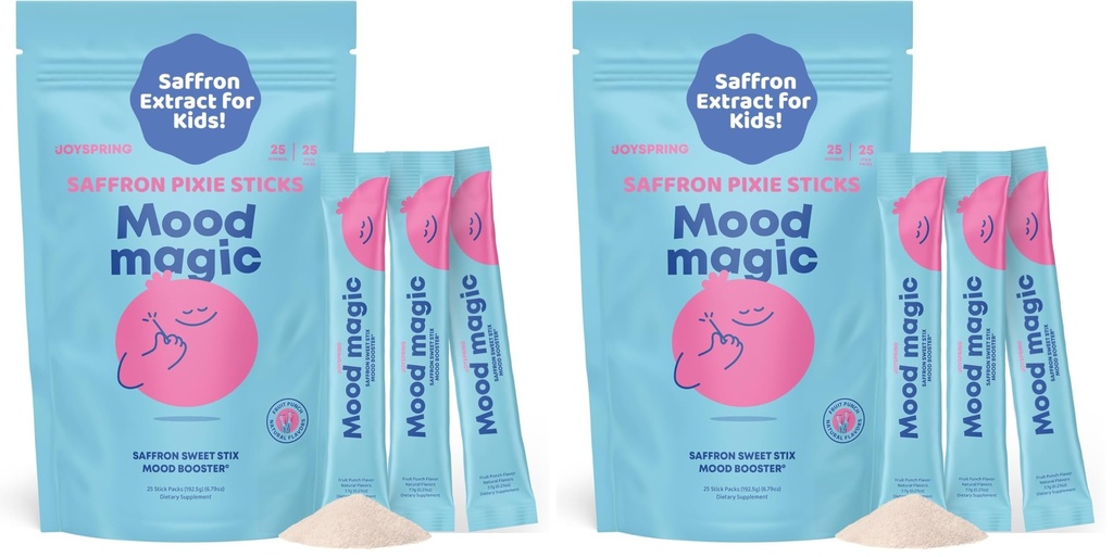 JoySpring Mood Magic for Kids – Natural Mood Support Pixie Sticks Candy with Saffron Extract, Magnesium Citrate & Vitamin D3 | Sugar-Free Powder Drink or Candy | 25 Servings | 4+ Years (Pack of 2)