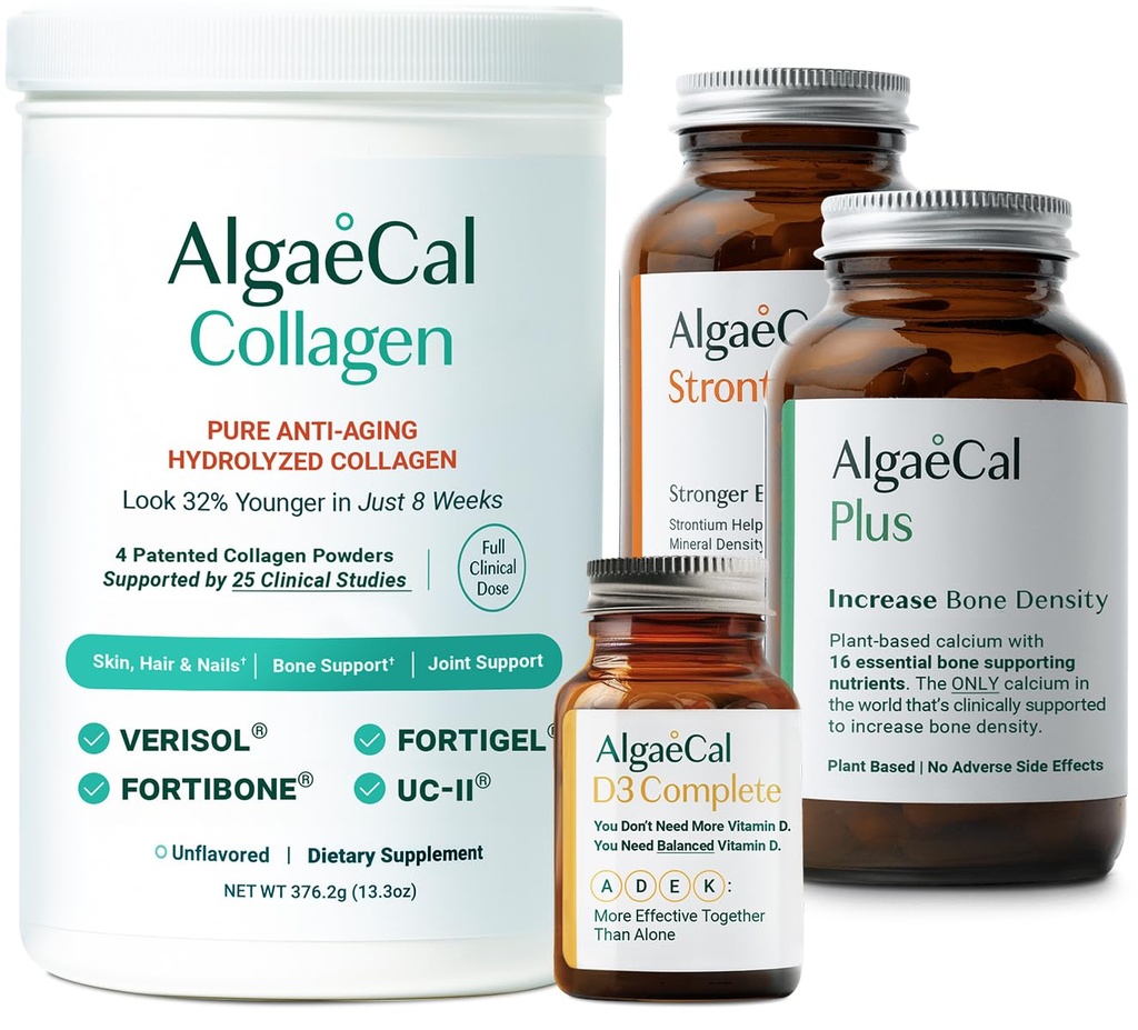 ALGAECAL Bone Builder, Vitamin D3 & Collagen Bundle – Collagen with Verisol, Fortibone, Fortigel + Vitamin ADEK + Plant-Based Calcium, Strontium, Magnesium & 16 Nutrients for Beauty & Bone Health