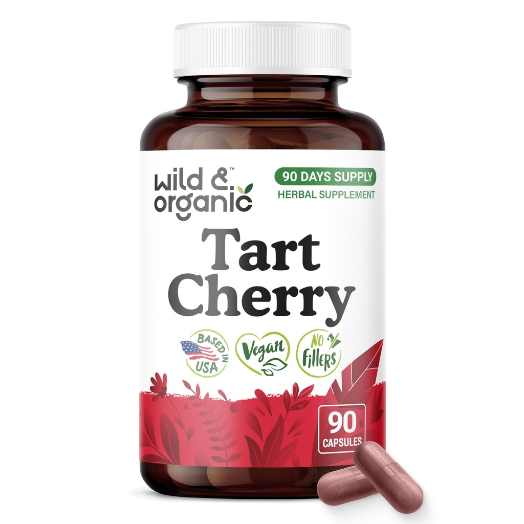 Wild & Organic Tart Cherry Capsules 600 mg - Uric Acid Support - Tart Cherry Extract Supplement - Prunus Cerasus Fruit Powder - 90 Days of Supply - Vegan, No Fillers, Non-GMO - 90 Count