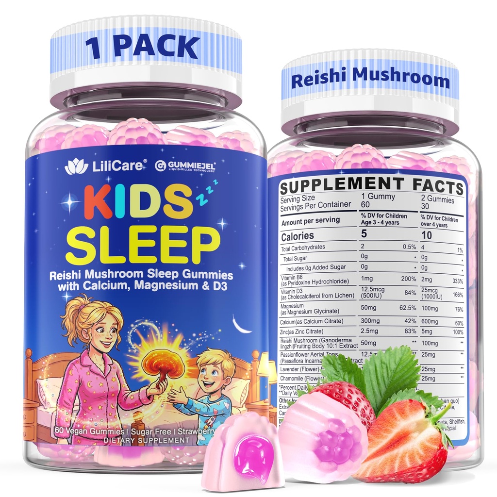 LILICARE Kids Reishi Mushroom Sleep Gummies - Melatonin Free Sleep Gummies for Kids | Reishi, Magnesium, Calcium & Lavender - Magnesium Glycinate for Restful Sleep & Immune (Pack of 1)