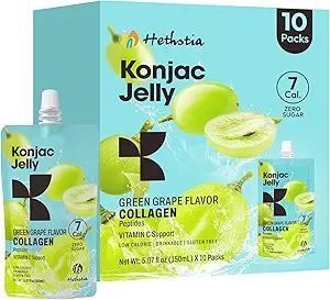 Hethstia Konjac Jelly Aroma di fragole con Peptidi di collagene – 10 Pouches Jello di fragola potabile, 7 Kcal, 0 Zucchero, Keto, Senza glutine, Vitamina C Snack sani e regali di cibo