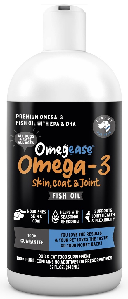 Olio di pesce Omegease per cani e gatti - Più fine per gli animali Omega 3 per gatti e cani - Supplemento per la pelle e cappotto, prurito, spargimento, articolazioni e salute immunitaria - Olio di pesce puro al 100% Omega con EPA & DHA (32 oz)